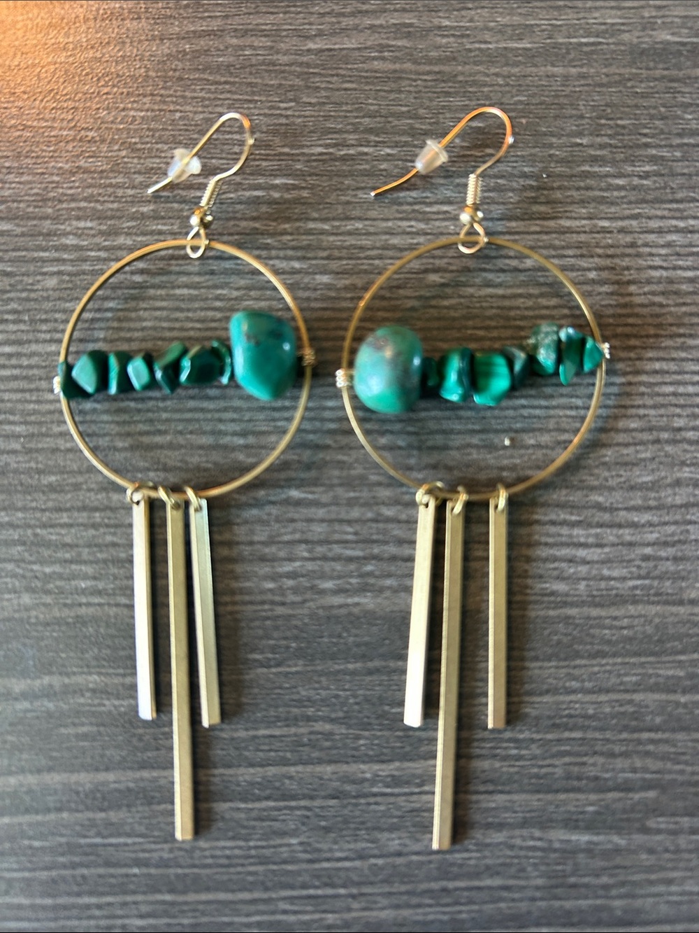 Brass Hoop Dangle Earrings with Turquoise Beads and Bar Tassels